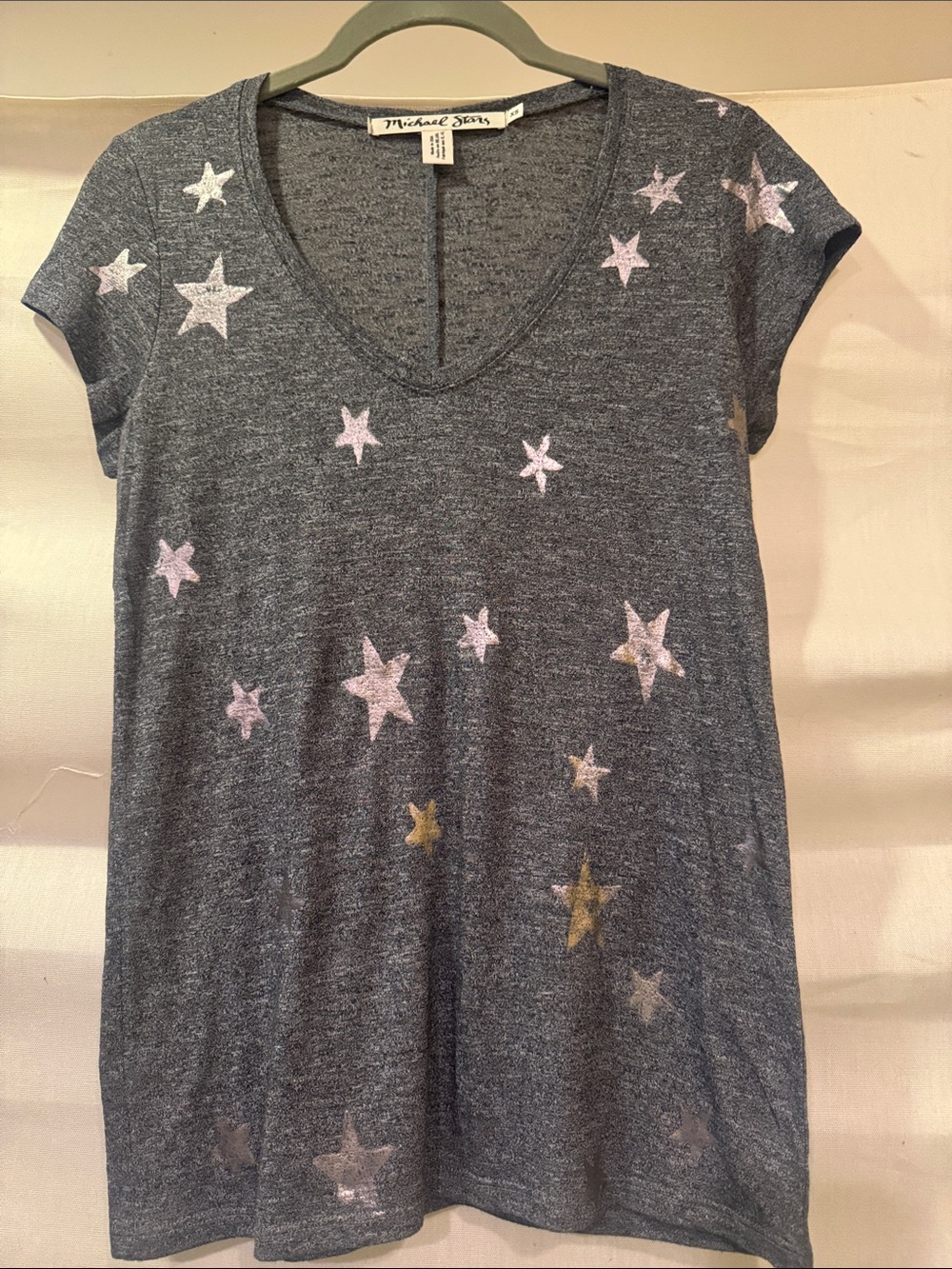 Michael Stars Charcoal V-Neck Tee with Metallic Star Accents
